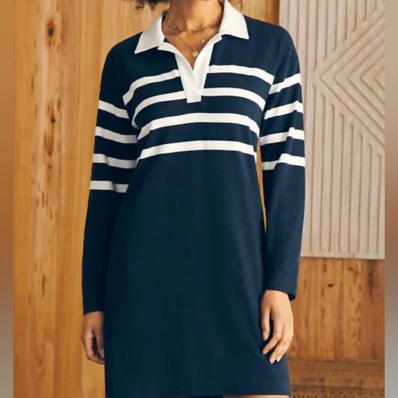 Navy and White Striped Polo Dress Faherty - Picture 1 of 6